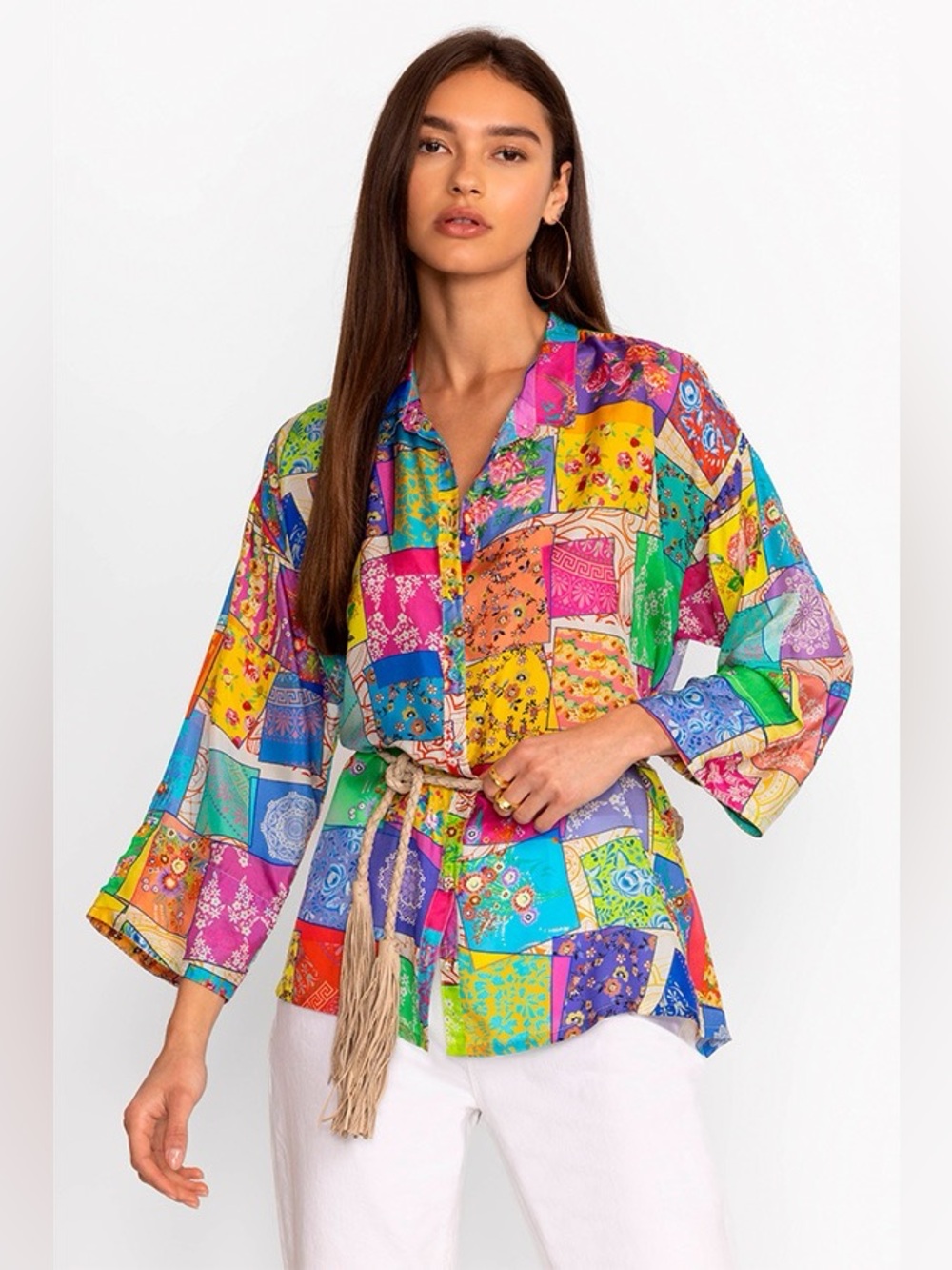 Johnny Was Multee Silk Button Up Blouse Boho Print Size XL